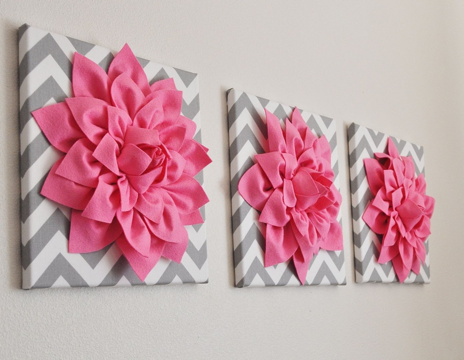 2017 Bright Pink Wall Art  Set Of Three Pink Dahlias On Gray And White In Pink And White Wall Art (View 1 of 15)