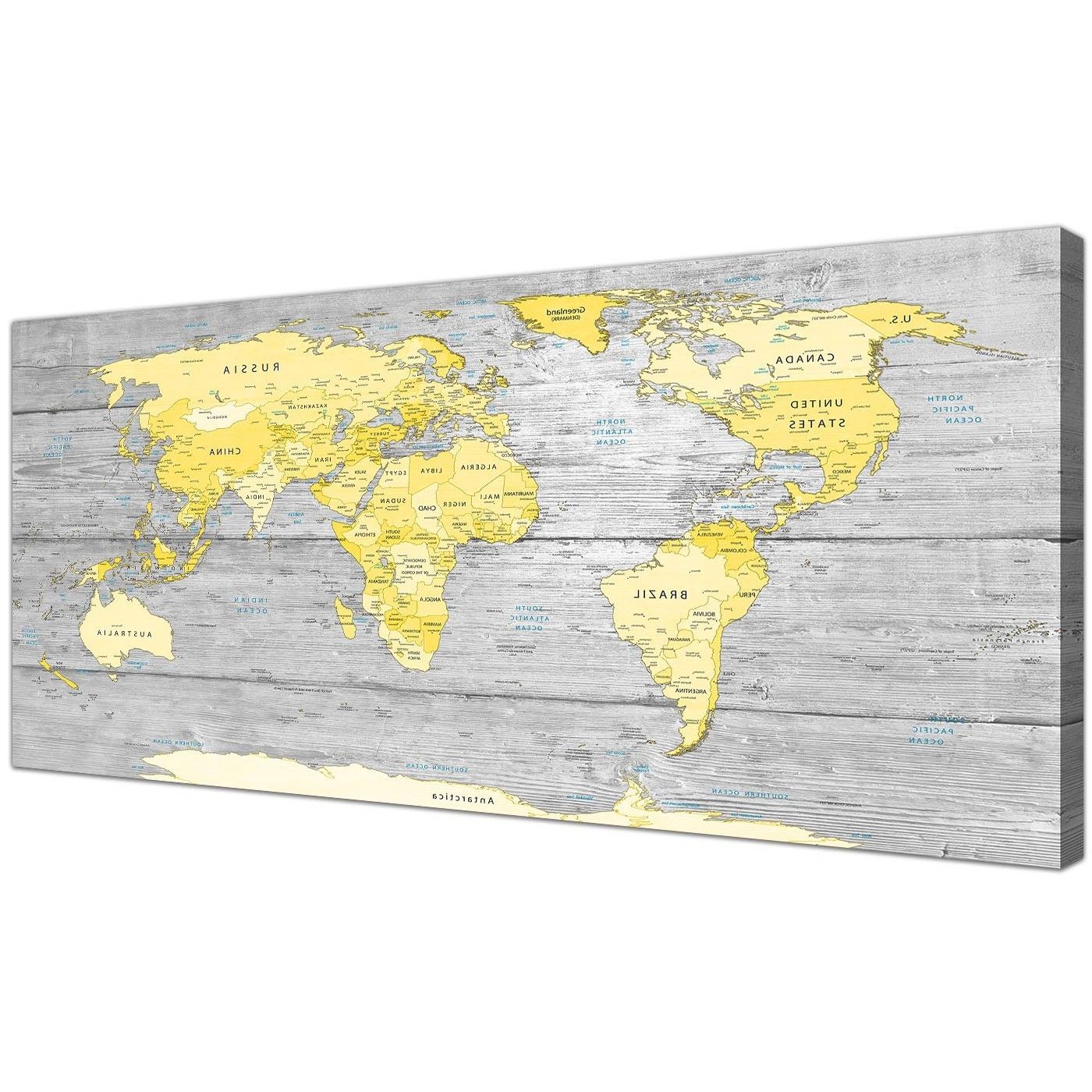 2018 Large Yellow Grey Map Of World Atlas Canvas Wall Art Print – Maps For Yellow And Gray Wall Art (View 5 of 15)