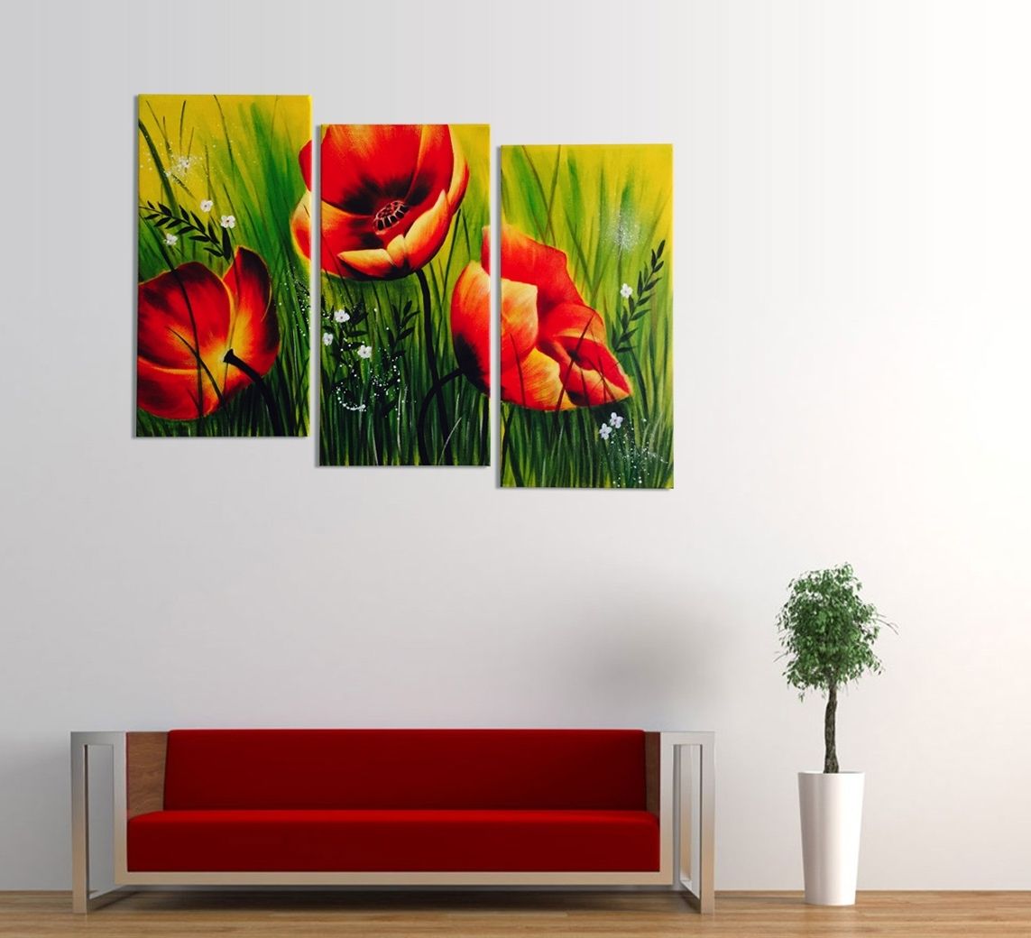 3 Piece Floral Canvas Wall Art In Favorite Red Poppies Floral Acrylic Painting 3 Piece Wall Art (View 3 of 15)