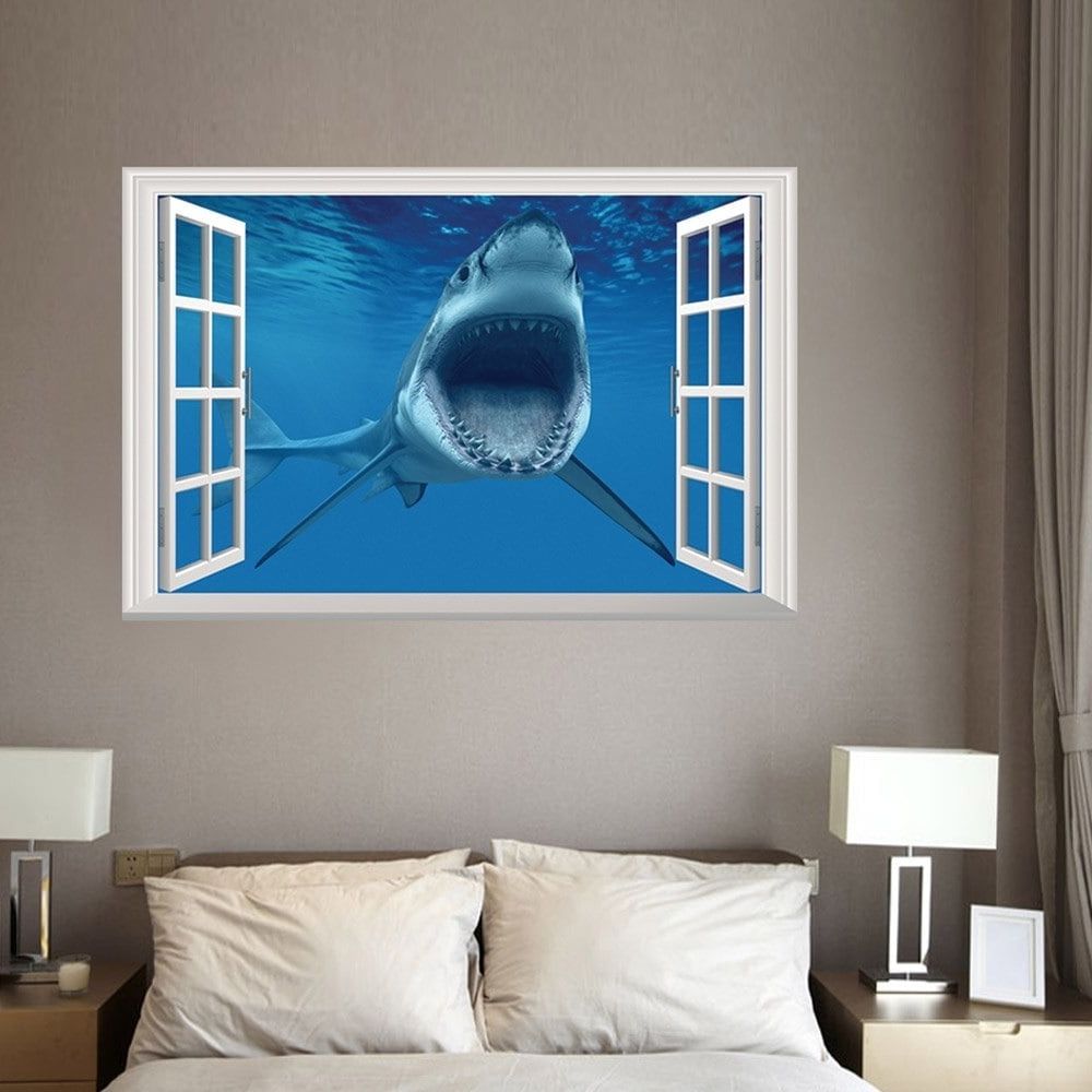 3d Wall Art Pertaining To Fashionable 2018 Window Shark 3d Wall Art Sticker For Bedrooms Blue  (View 2 of 15)
