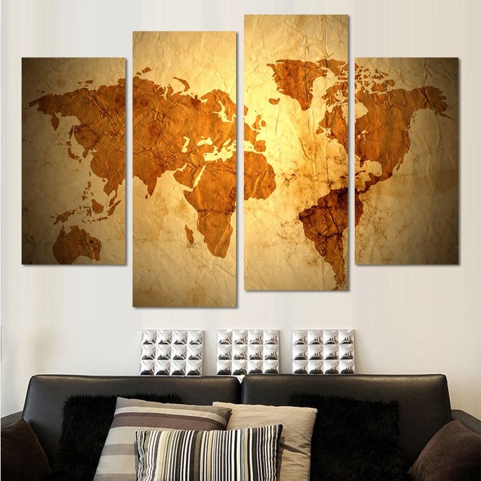 4 Panels Antique Golden Map Cnavas Painting Abstract Wall Art With Regard To Popular Abstract Wall Art For Living Room (View 1 of 15)