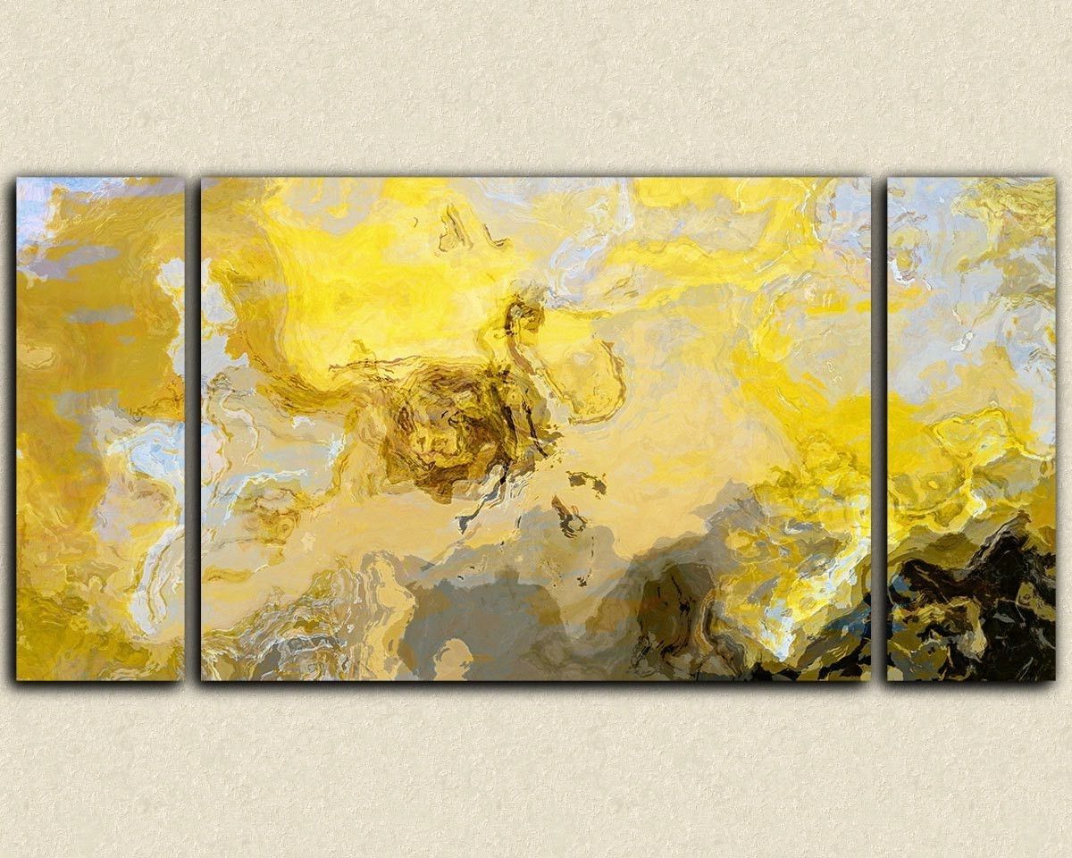 Abstract Art Print Triptych Oversize Canvas Print, In Yellow, Gray Within Preferred Abstract Oversized Canvas Wall Art (View 4 of 15)