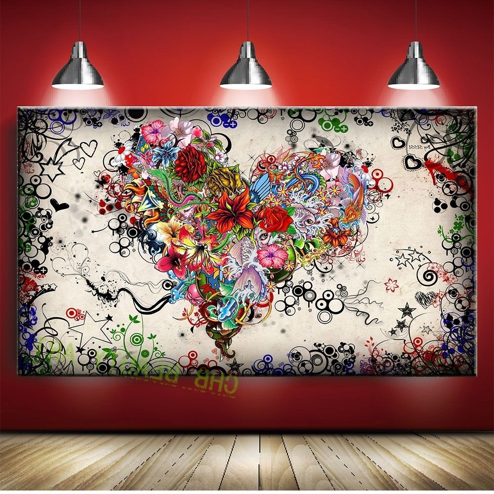 Abstract Graffiti Wall Art Within Most Recent Graffiti Design Abstract Wall Art Heart Flowers Canvas Prints (View 11 of 15)