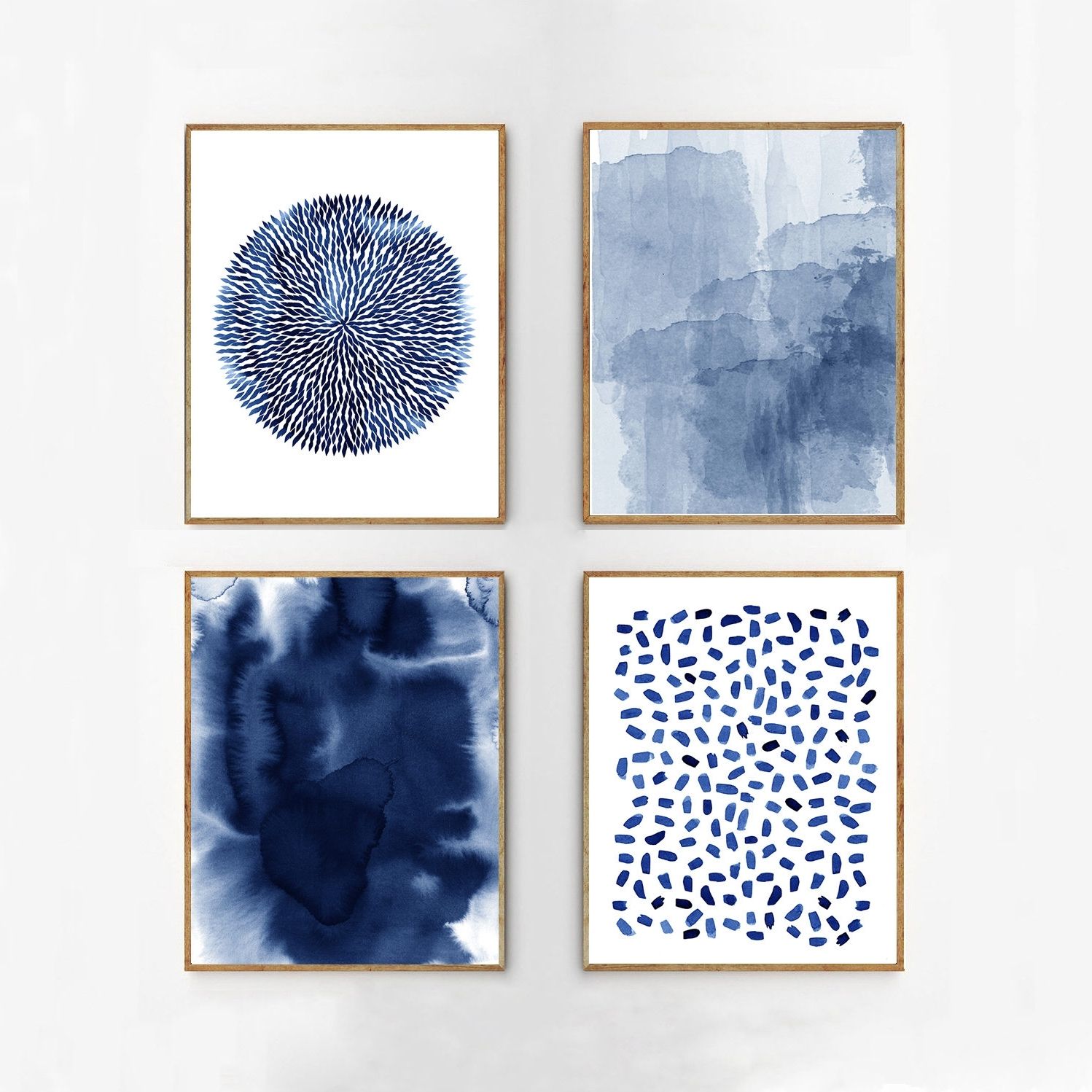 Abstract Watercolor Set Indigo Blue Wall Art Large Navy Prints Intended For Fashionable Blue Wall Art (View 4 of 15)