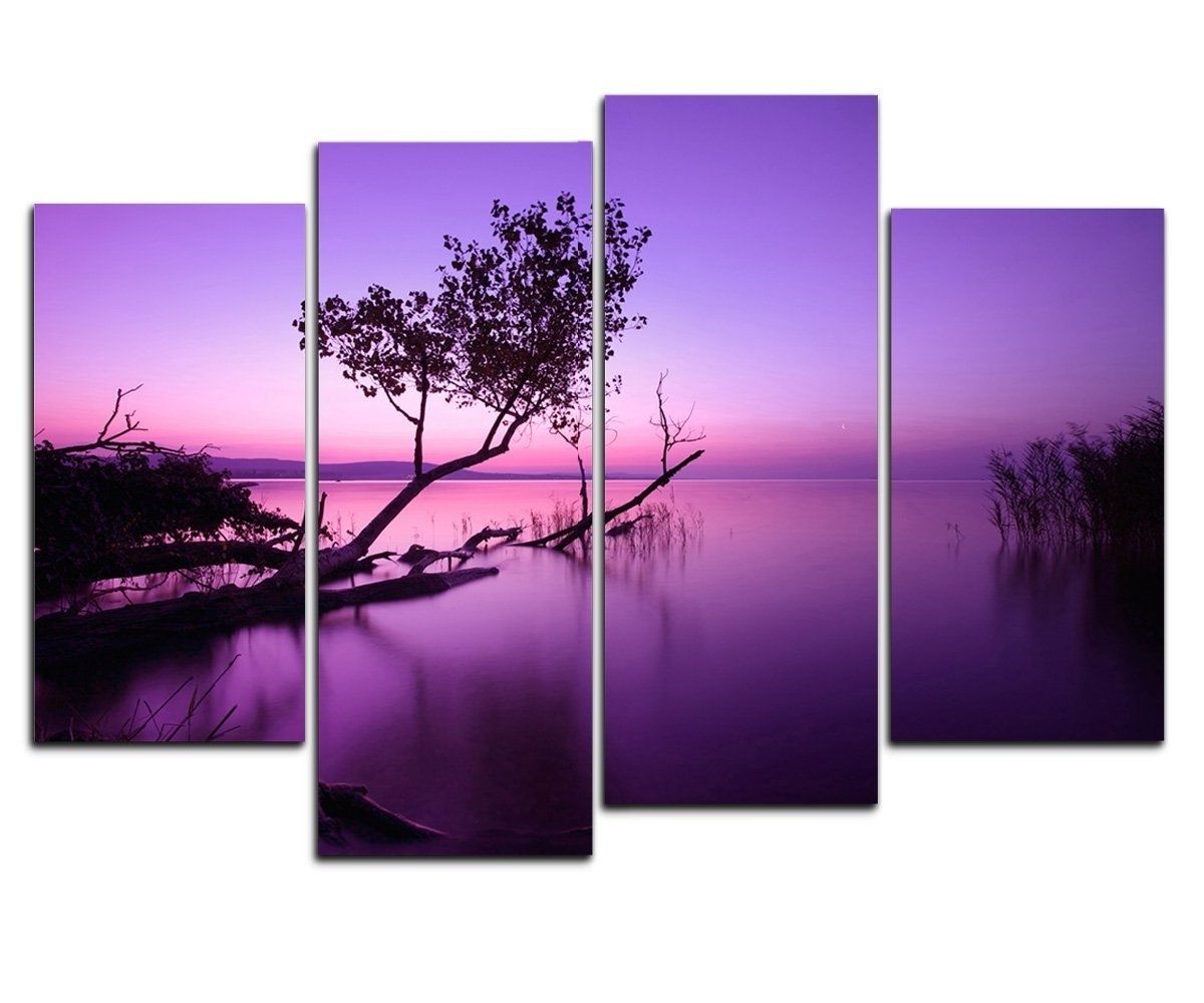 Amazon: Wieco Art – Purple Lake Modern 4 Piece Stretched And With Most Recent Purple Wall Art Canvas (View 11 of 15)
