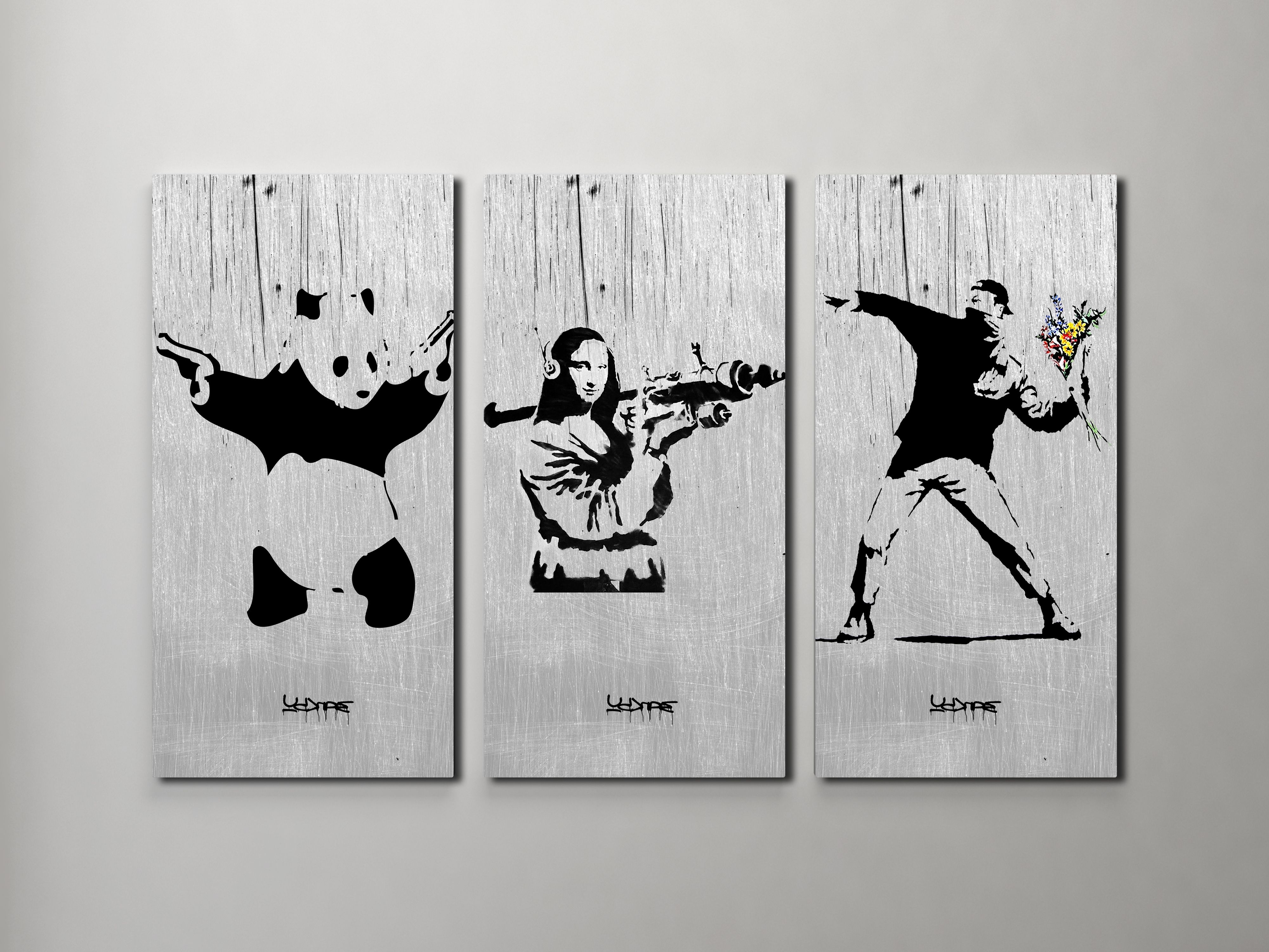 Banksy Flower Thrower, Mona Lisa, Panda Collage Triptych Canvas With 2017 Banksy Wall Art Canvas (View 12 of 15)