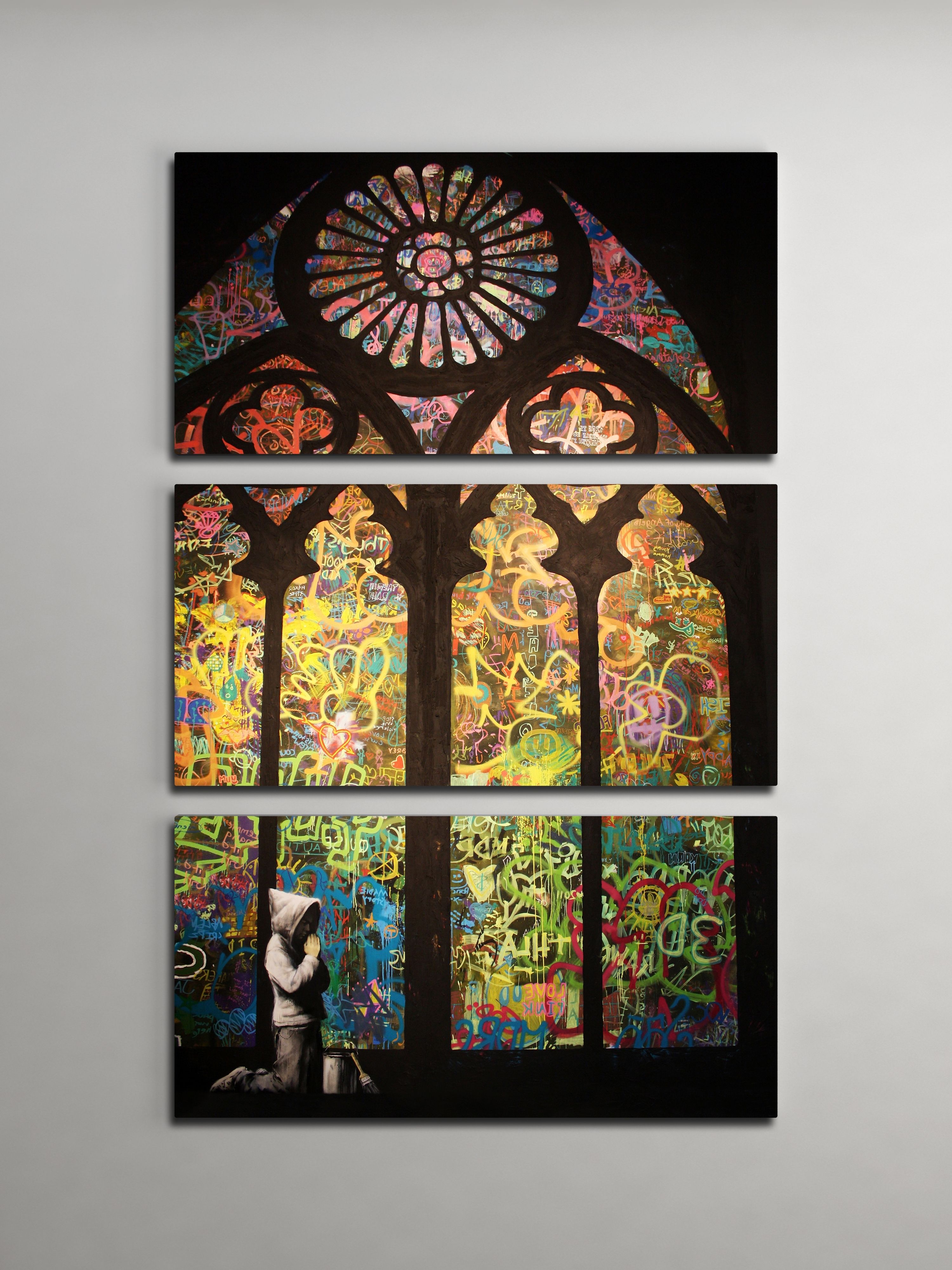 Banksy Stained Glass Cathedral Triptych Canvas Wall Art Pertaining To Most Recently Released Los Angeles Wall Art (View 11 of 15)
