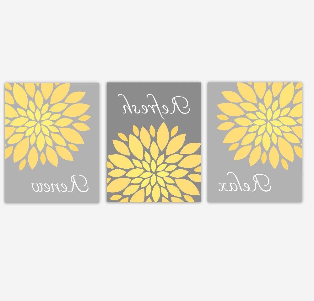 Bathroom Canvas Wall Art Yellow Gray Grey Relax Refresh Renew With Regard To Trendy Gray And Yellow Wall Art (View 11 of 15)