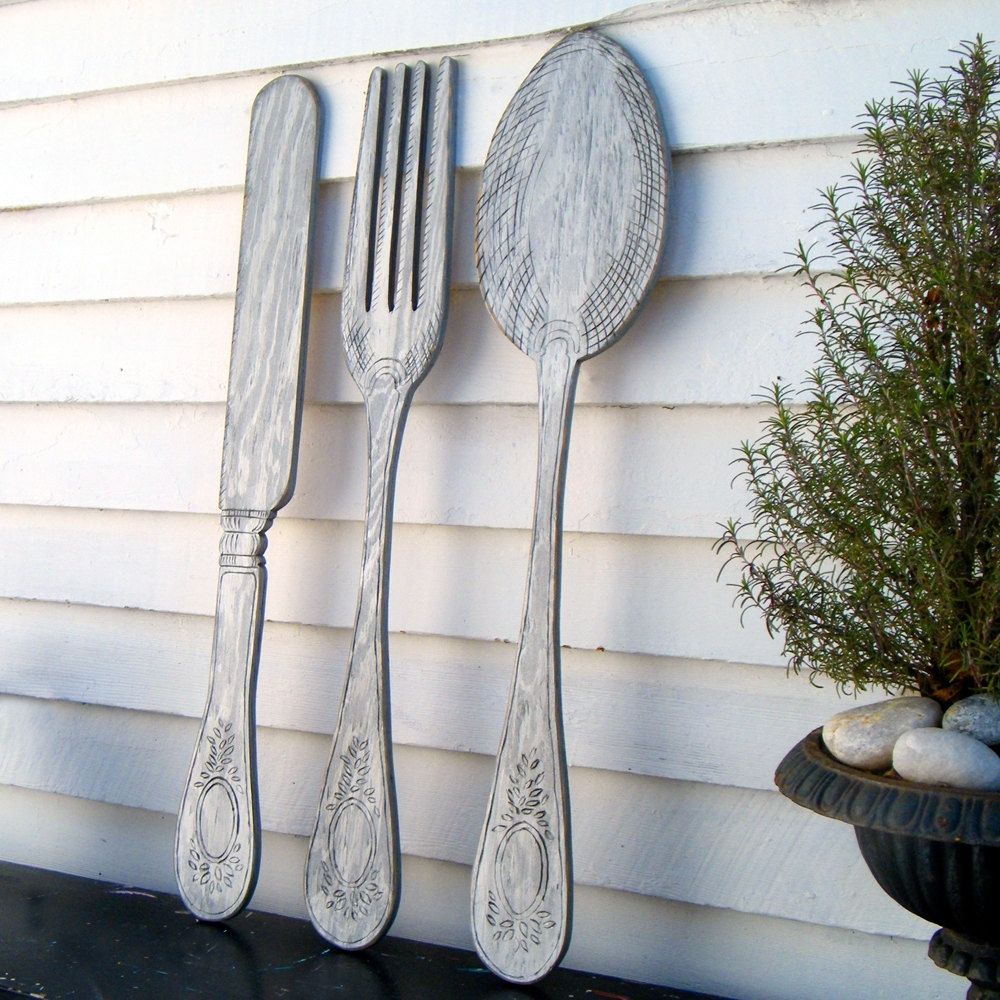 Big Spoon And Fork Decors Within Well Known Utensil Set Wall Decor Fork Knife Spoon Wall Art Extra Large (View 2 of 15)