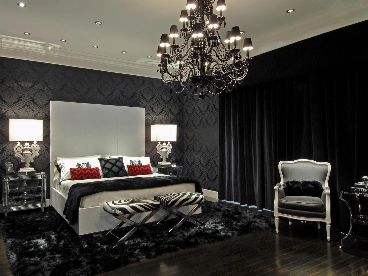 Black And White Damask Wall Art Within Most Recent Opulent Dark Damask Bedroom Decorating Idea With Big Black (View 11 of 15)