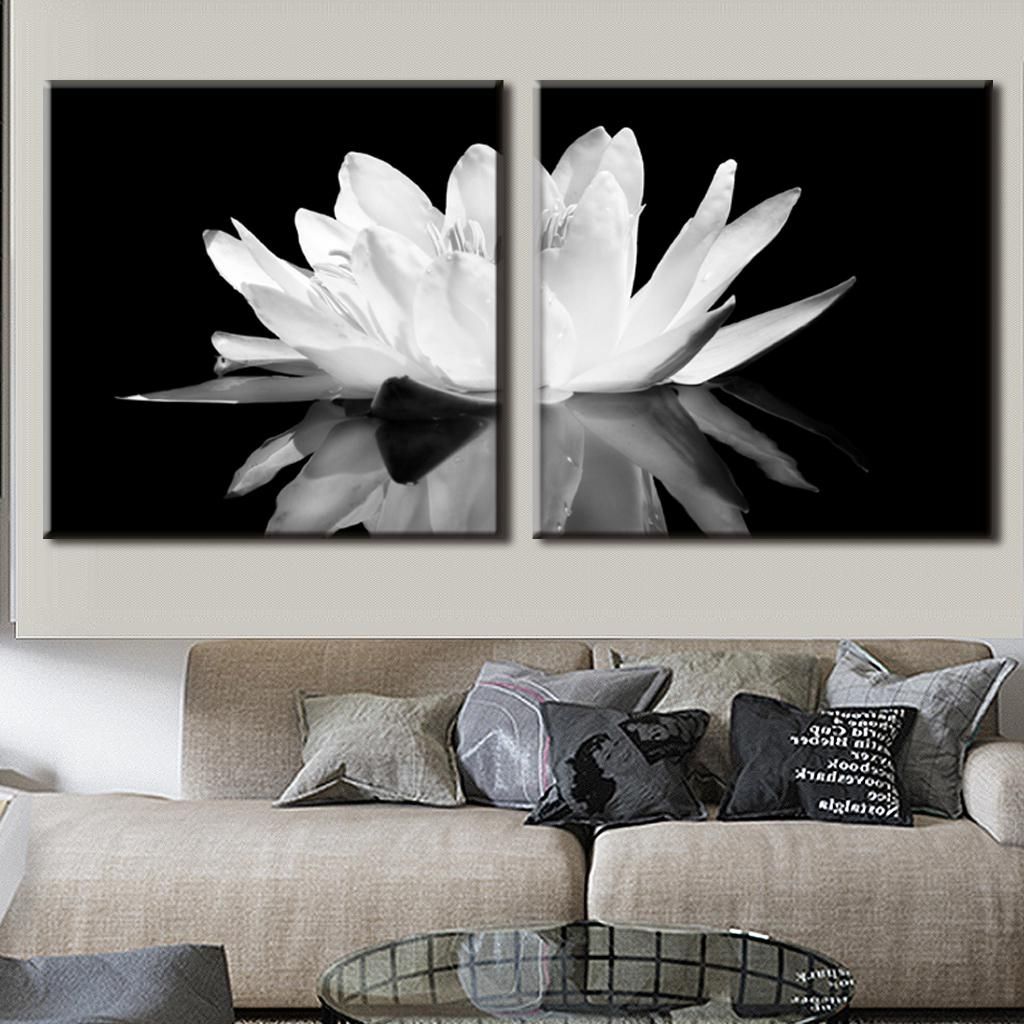 Black And White Wall Art Sets With Widely Used 2 Pcs/set Modern Wall Paintings White Lotus In Black Canvas Print (View 2 of 15)