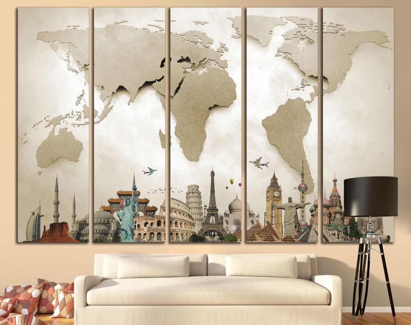 Cheap Big Wall Art In Preferred Wall Art Designs: Large Wall Art World Map Large Print Beige World (View 2 of 15)