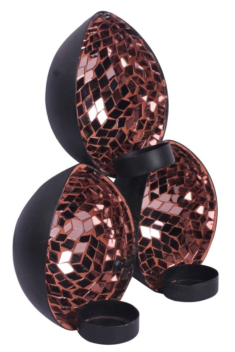 Current Copper Wall Art Home Decor Pertaining To Wall Mounted 3 Tea Light Holders In Iron With Mirror Work – Black (View 15 of 15)