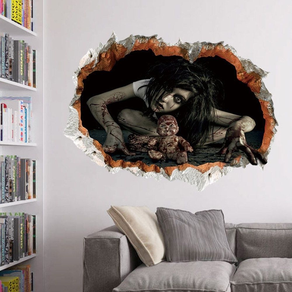 Favorite Halloween Zombie 3d Broken Wall Art Sticker For Bedroom In Black Inside Bedroom 3d Wall Art (View 14 of 15)