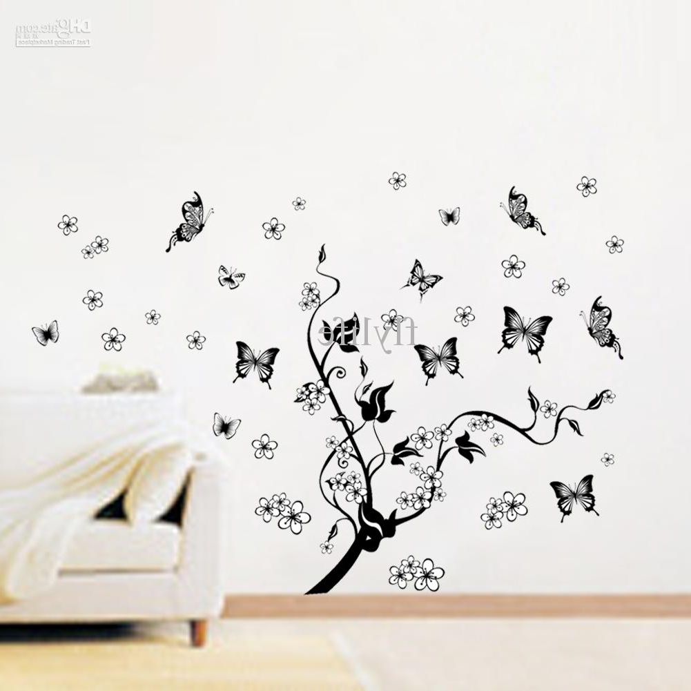 Flowers And Black Butterflies Vine Decals, Art Vinyl Wall Decor Throughout Current Butterflies Wall Art Stickers (View 10 of 15)