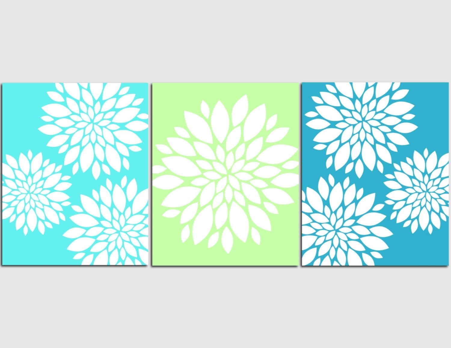 Most Current Wall Art For Green Walls Inside Aqua Teal Lime Green Wall Art Home Decor Flower Burst, Floral (View 10 of 15)