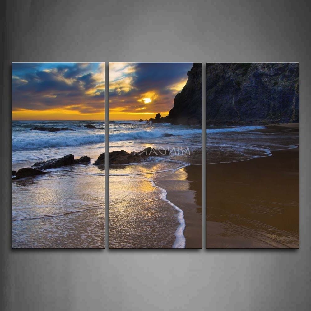 Most Recently Released 3 Piece Wall Art Painting Sea Waves On Sand Beach With Rocks Print Intended For 3 Piece Beach Wall Art (View 1 of 15)