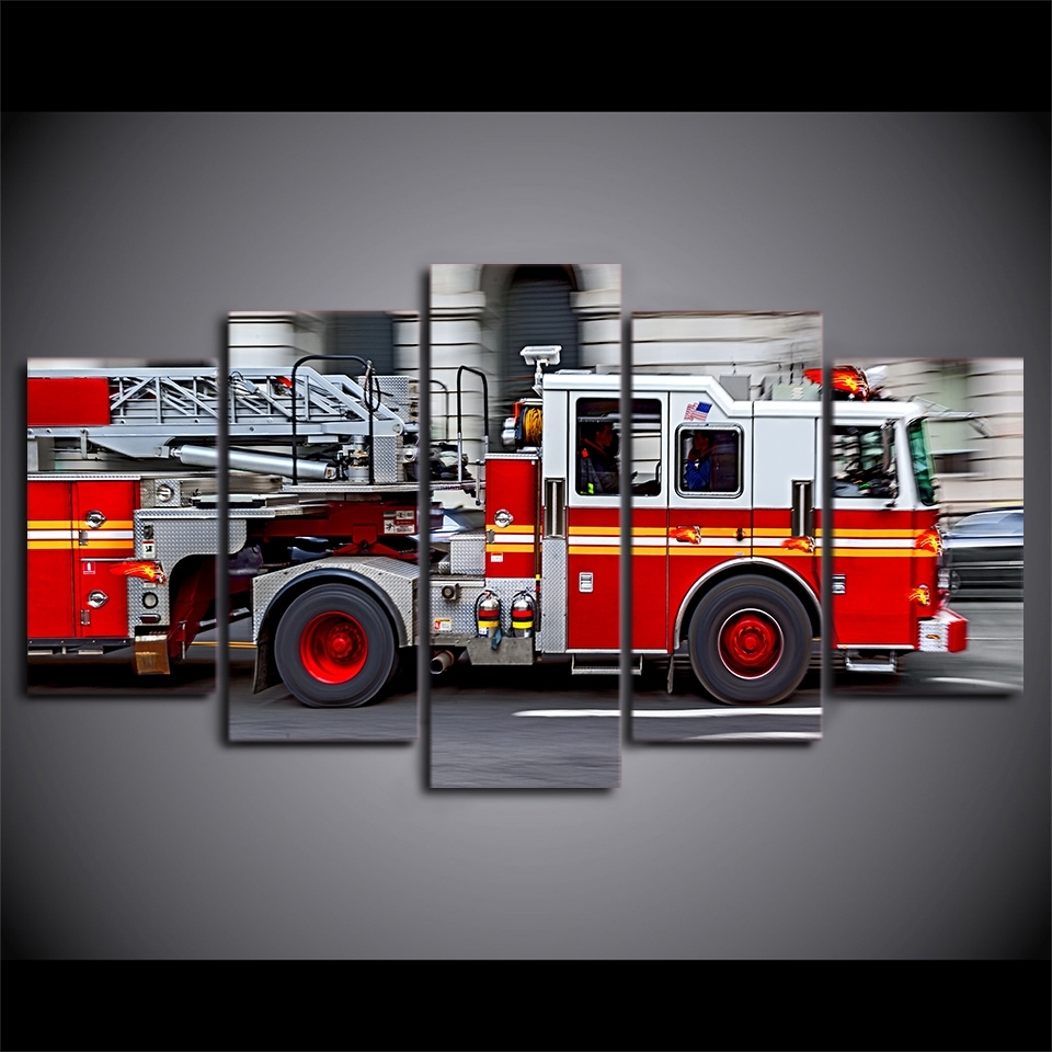 Most Up To Date Fire Truck Wall Art Throughout 5 Piece Canvas Art Hd Printed Fire Engine Canvas Paintings For (View 9 of 15)