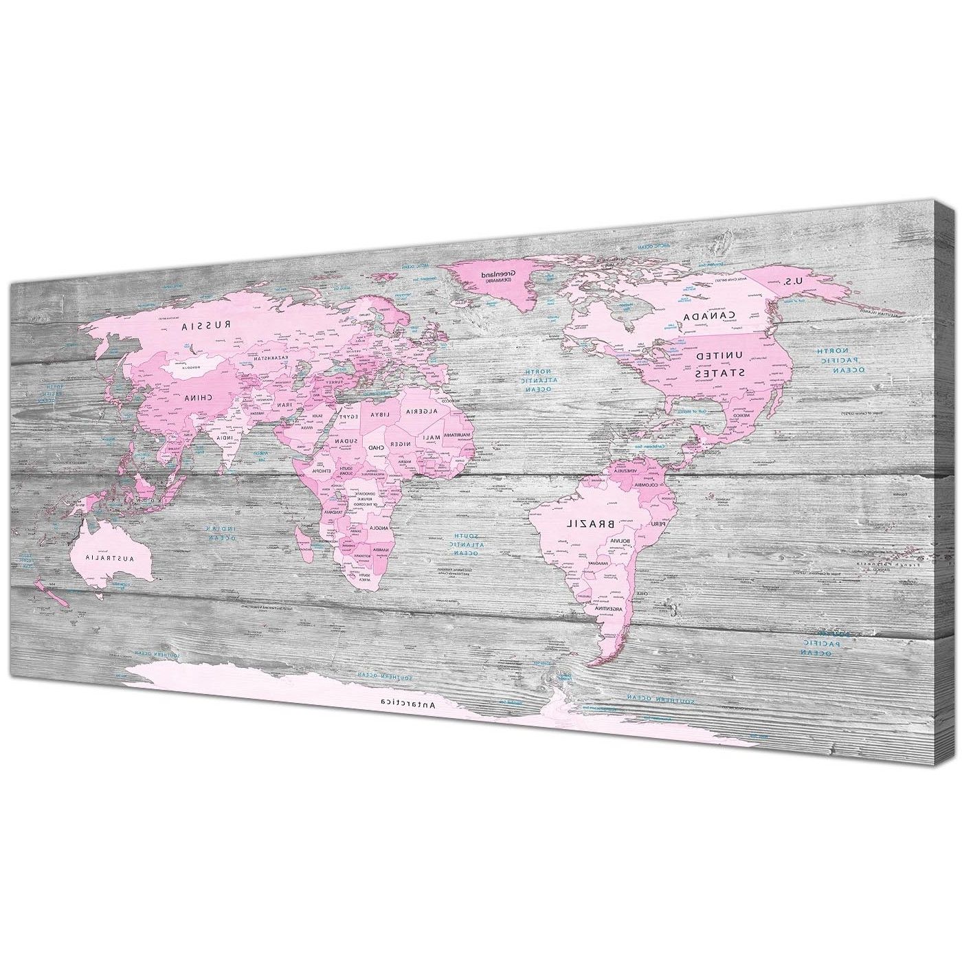 Pink And Grey Wall Art Inside Well Liked Large Pink Grey Map Of World Atlas Canvas Wall Art Print – Maps (View 3 of 15)