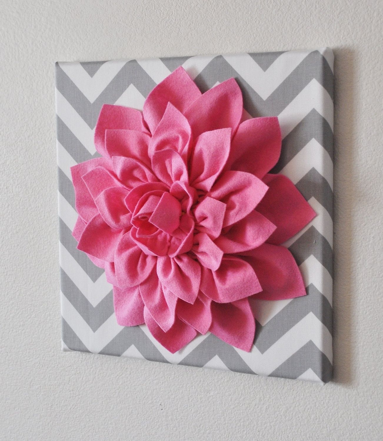 Pink And White Wall Art Throughout Fashionable Pink Wall Flower  Bright Pink Dahlia On Gray And White Chevron  (View 4 of 15)