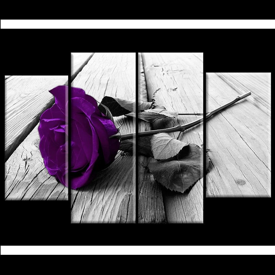 Plum Purple Rose Floral Canvas Black White Wall Art Picture Wide Within Most Popular Purple Canvas Wall Art (View 14 of 15)