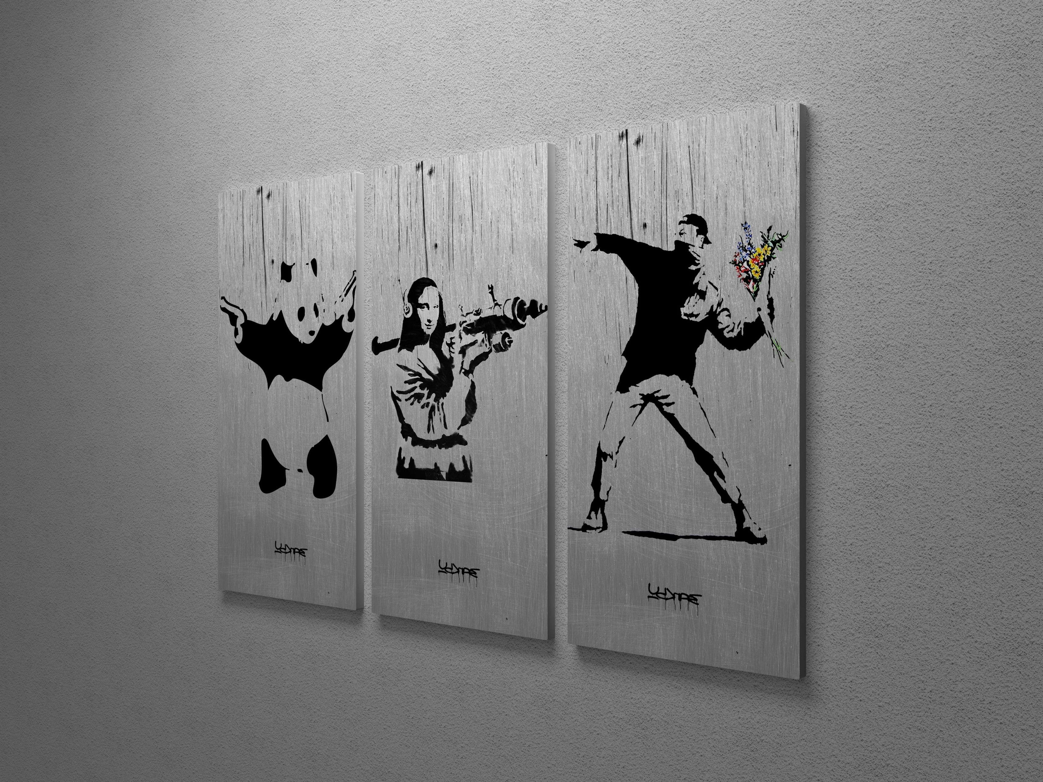 Popular Banksy Wall Art Canvas Regarding Banksy Flower Thrower, Mona Lisa, Panda Canvas Triptych Wall Art (View 13 of 15)