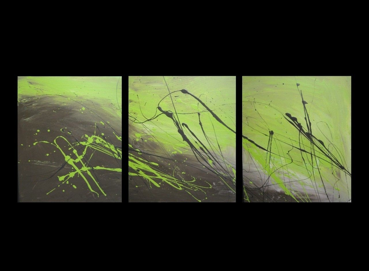 Wall Art For Green Walls Throughout Well Liked 3 Abstract Canvas Painting Lime Green And Brown (View 13 of 15)