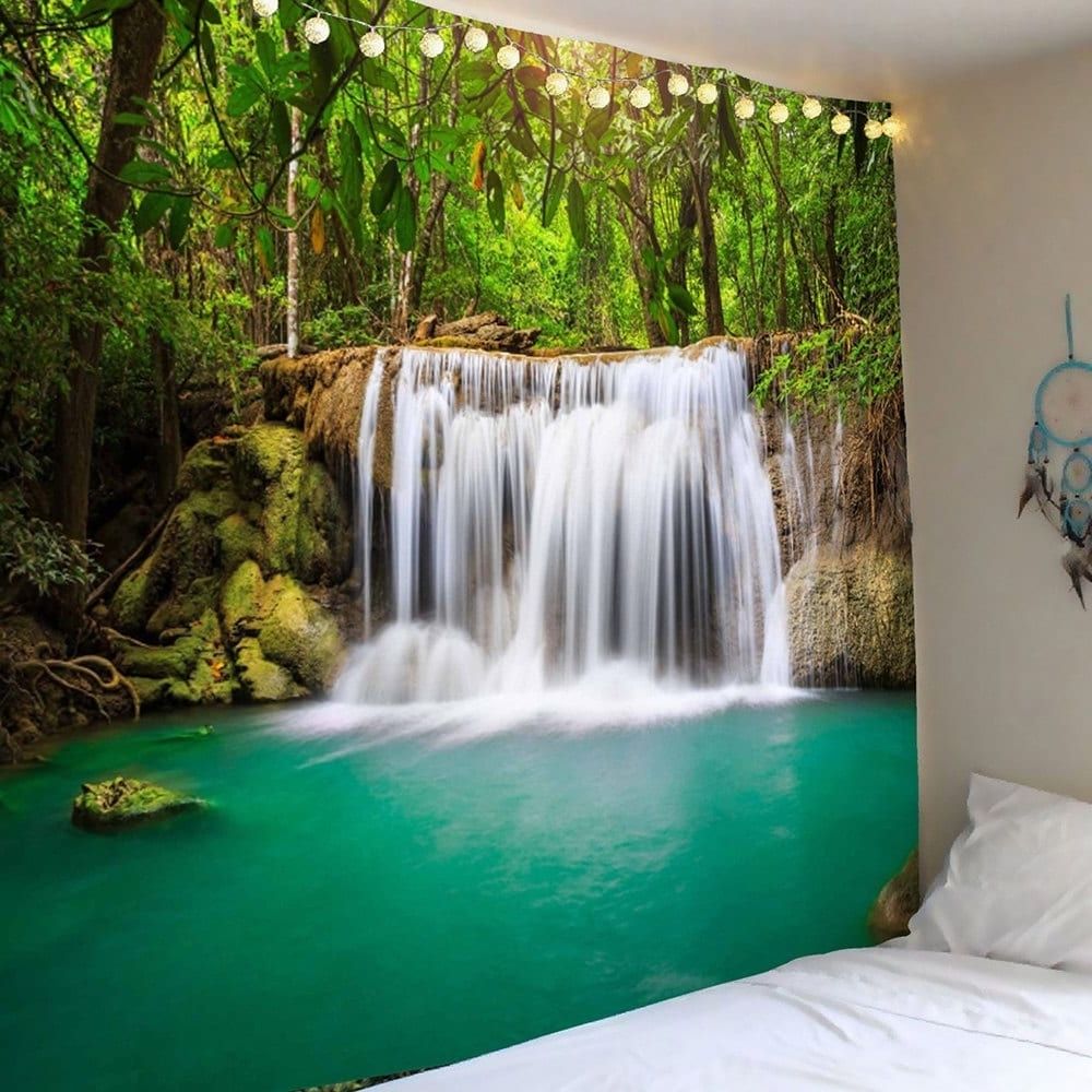 Waterfall Wall Art Throughout Popular 2018 Wall Art Forest Waterfall Hanging Tapestry Green W Inch L (View 1 of 15)
