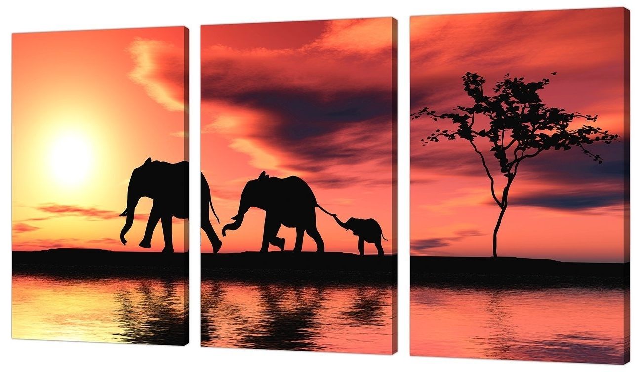 Well Known 3 Piece Orange Canvas Art Pictures Africa Elephants Wall Prints Within 3 Set Canvas Wall Art (View 15 of 15)