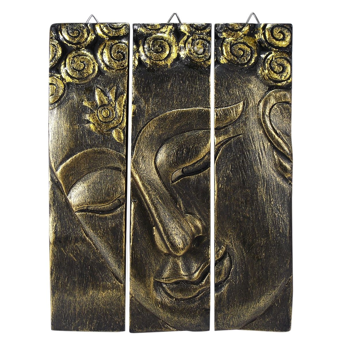 Well Liked Golden Buddha Face Three Panel Hand Carved Wood Wall Art 8x10 Throughout Buddha Wood Wall Art (View 4 of 15)