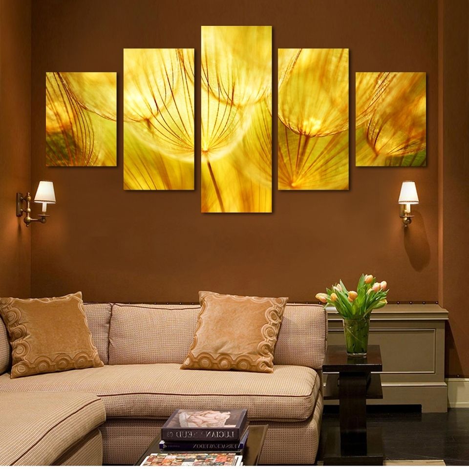 Widely Used 5 Panel Wall Art Gold Flower Oil Painting On Canvas Quartz Crystal With Regard To Cheap Wall Canvas Art (View 7 of 15)