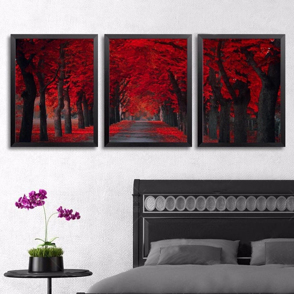 2018 Red Canvas Wall Art Regarding 3 Panels Red Forest Landscape Canvas Painting Home Decor Canvas (View 13 of 15)