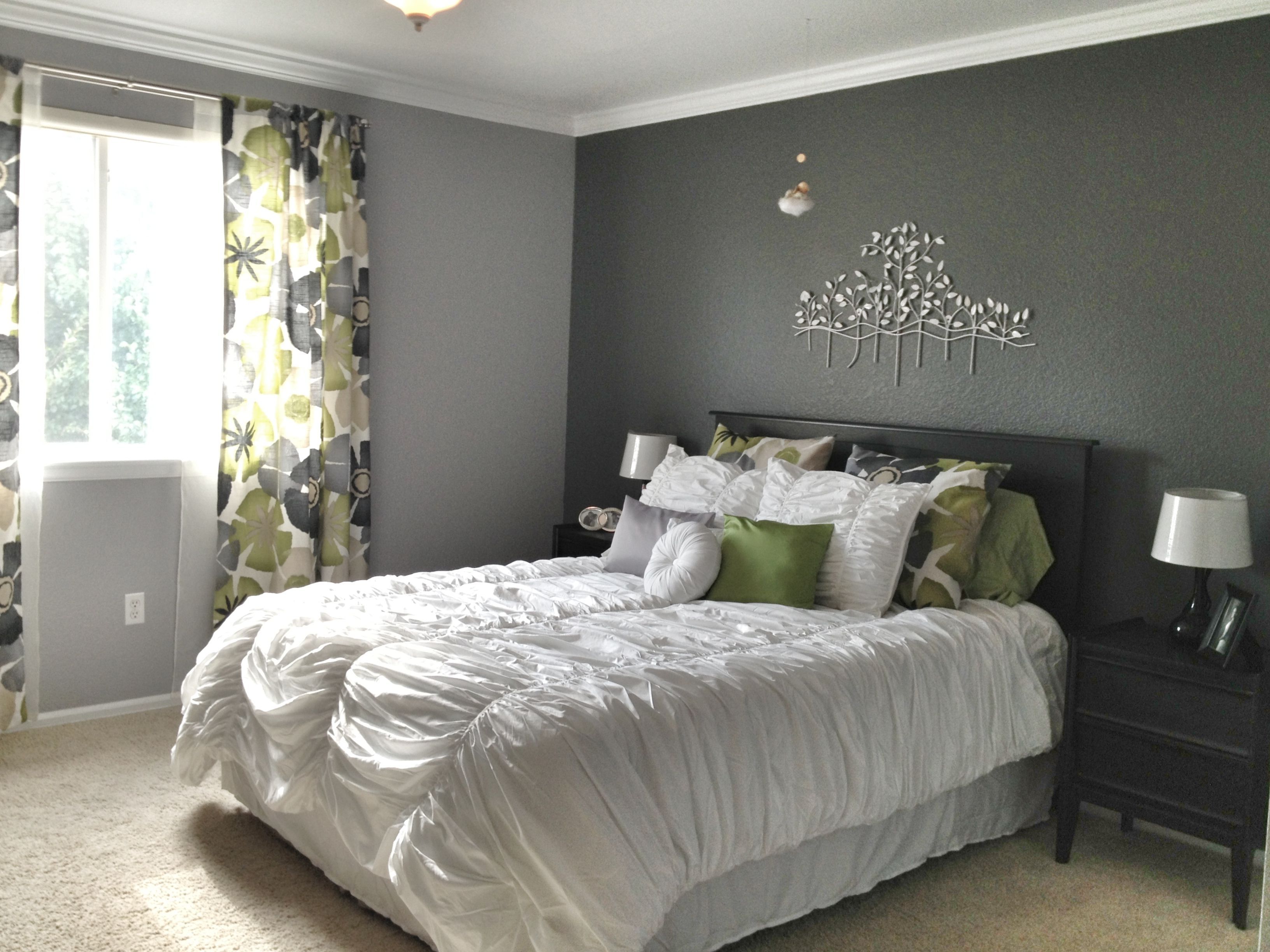 Fashionable Grey And White Wall Accents With Regard To Grey Master Bedroom – Dark Accent Wall, Fun Patterned Curtains (View 1 of 15)