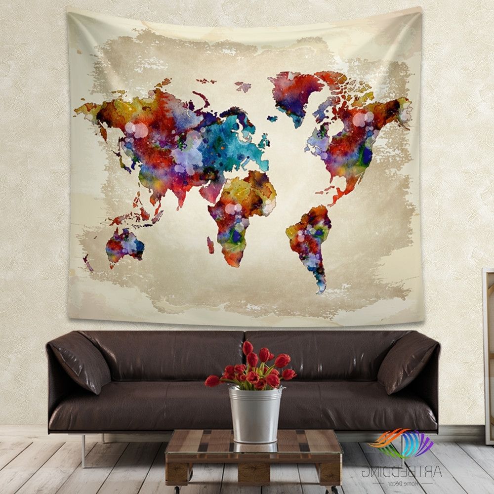 Fashionable World Map Watercolor Wall Tapestry, Grunge World Map Wall Tapestry Regarding Cloth Fabric Wall Art (View 3 of 15)