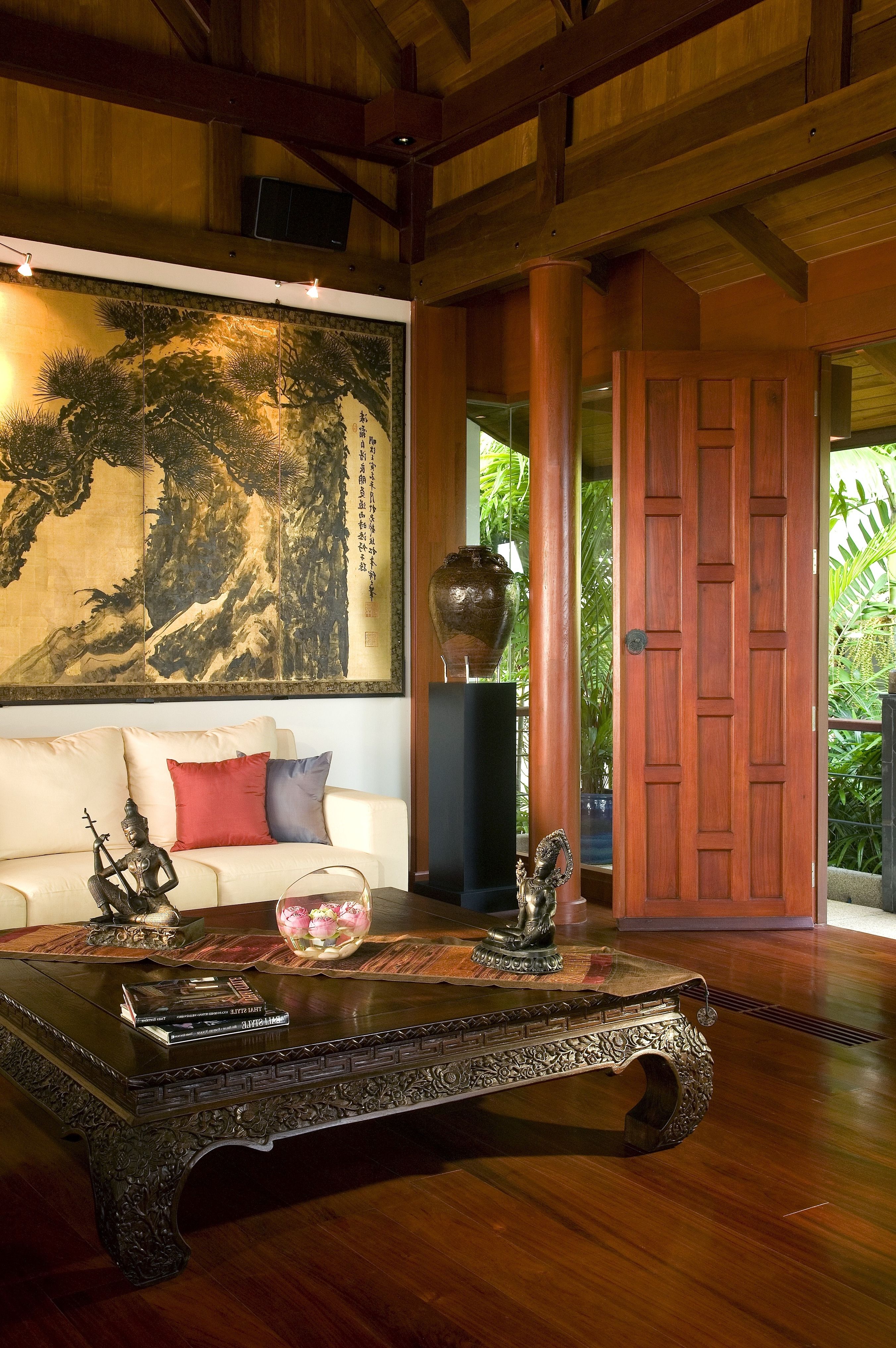 Latest Asian Wall Accents With Regard To An Asian Style Living Room With A Tall Stained Wood Ceiling And (View 11 of 15)