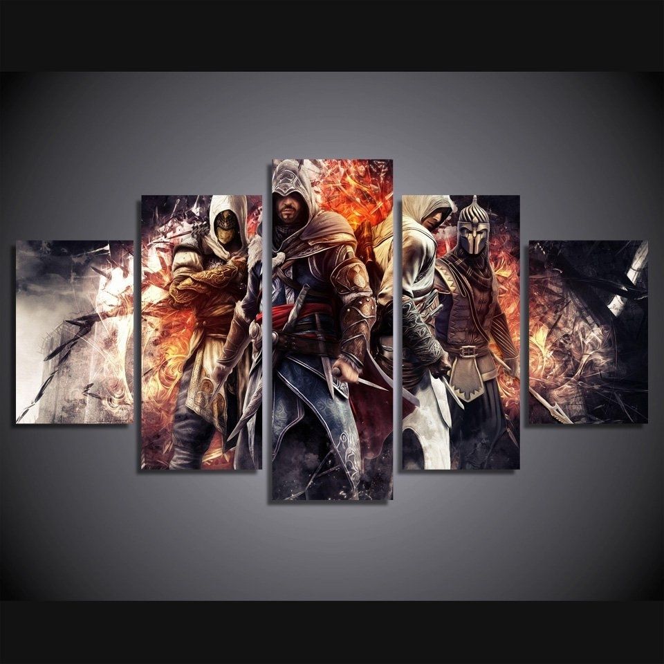 Most Current Creed Gaming 5pc Wall Decor Framed Oil Painting 2 Bedroom Art Intended For Gaming Canvas Wall Art (View 1 of 15)
