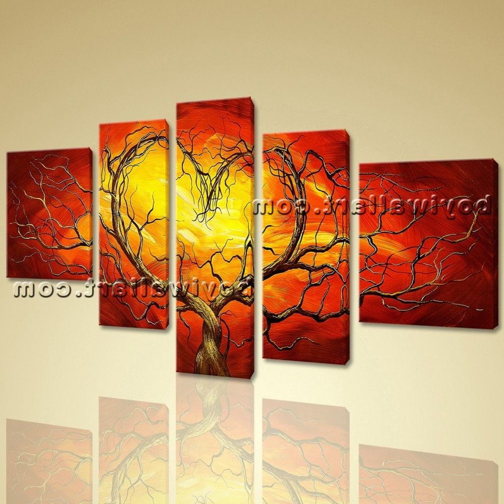 Orange Canvas Wall Art Inside 2017 Huge Canvas Giclee Print Modern Abstract Love Tree 5 Panels Framed (View 10 of 15)