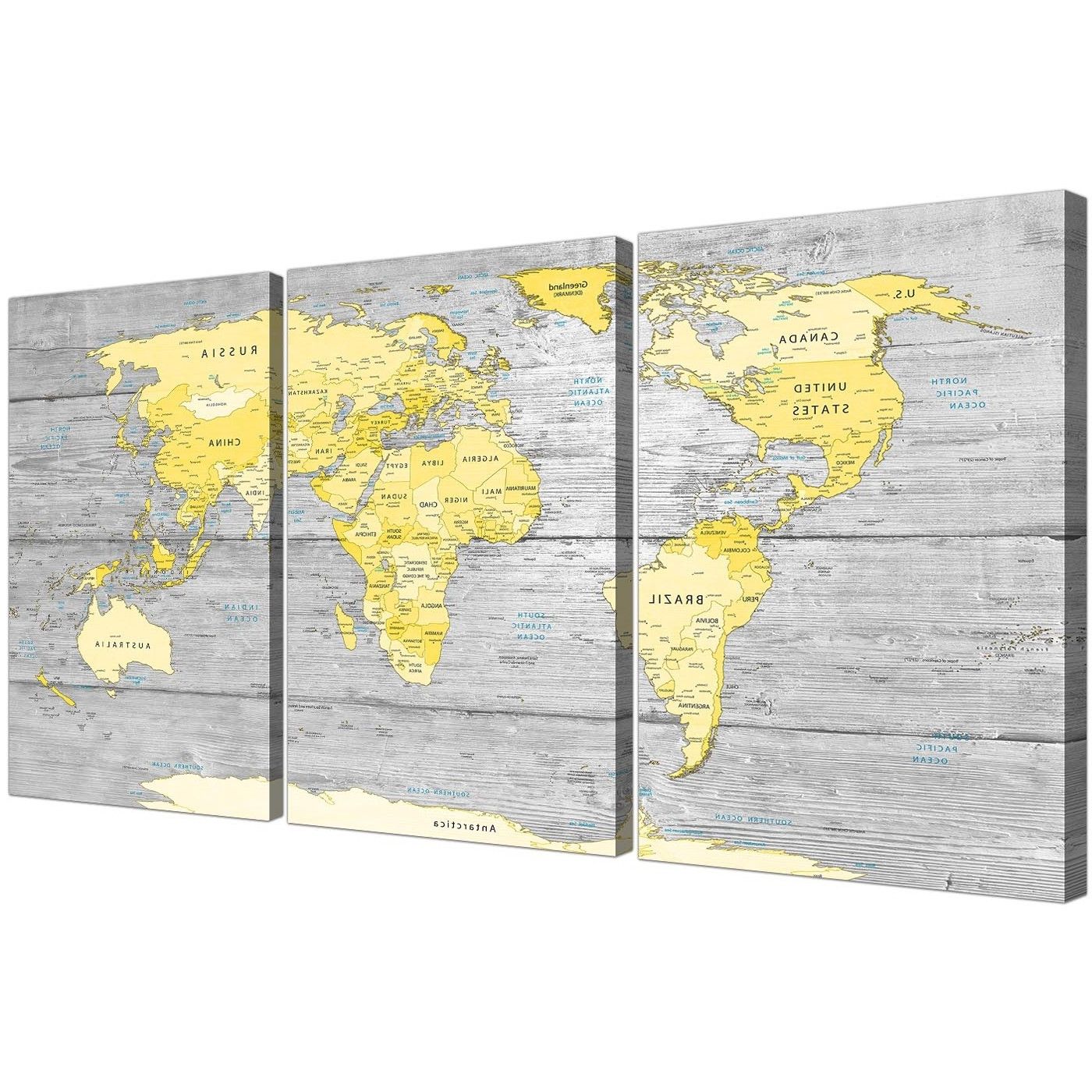 Recent Grey Canvas Wall Art Inside Large Yellow Grey Map Of World Atlas Canvas Wall Art Print (View 1 of 15)