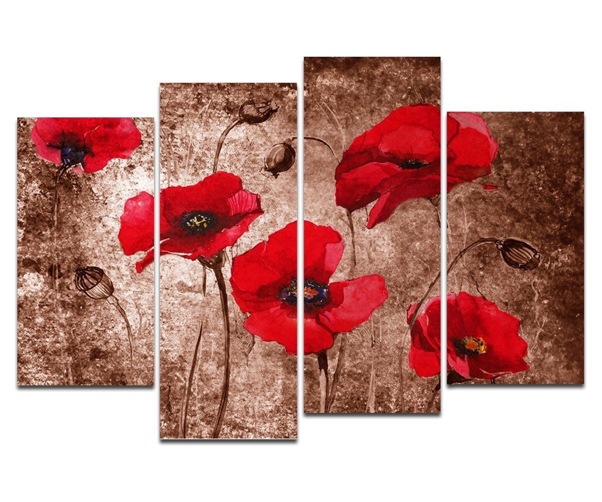Well Known Amazon: Wieco Art – Red Poppies On Brown Large 4 Panels Modern Regarding Poppies Canvas Wall Art (View 10 of 15)