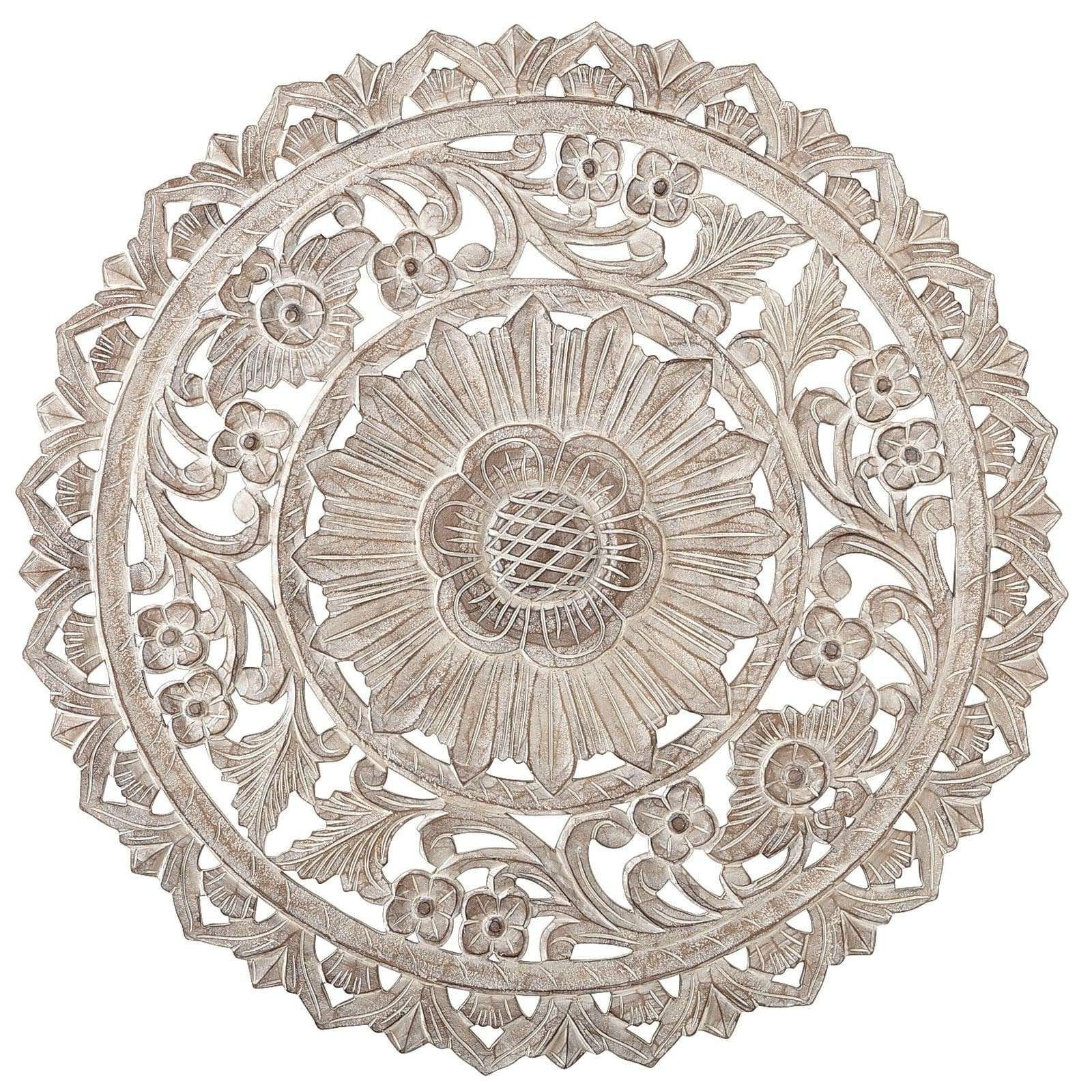 2017 Round Medallion Wall Art White Wood Unique Carved Whitewash Decor Inside Round Wood Wall Art (View 1 of 15)