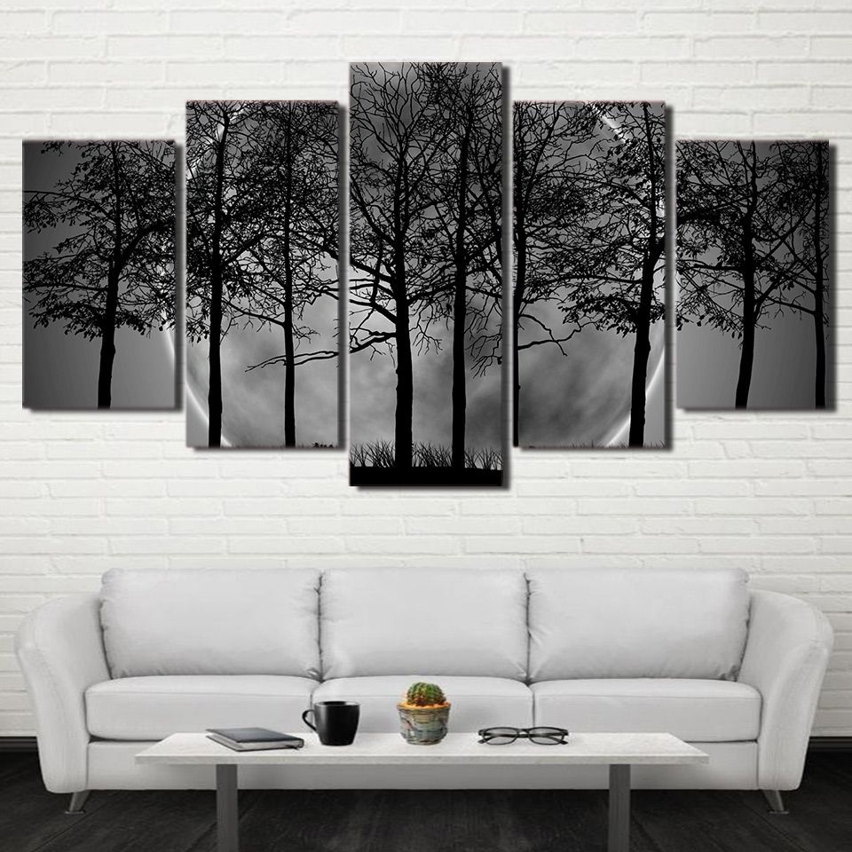 2018 Home Decor Hd Prints Wall Art Trees Pictures 5 Pieces Black White Within Grey And White Wall Art (View 1 of 20)
