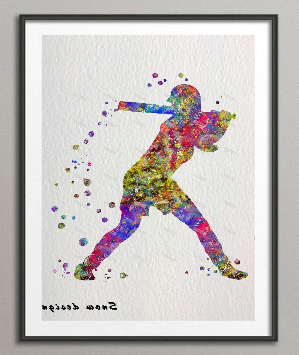 Baseball Wall Art Regarding Well Known Original Baseball Softball Player Watercolor Canvas Painting Sports (View 10 of 20)