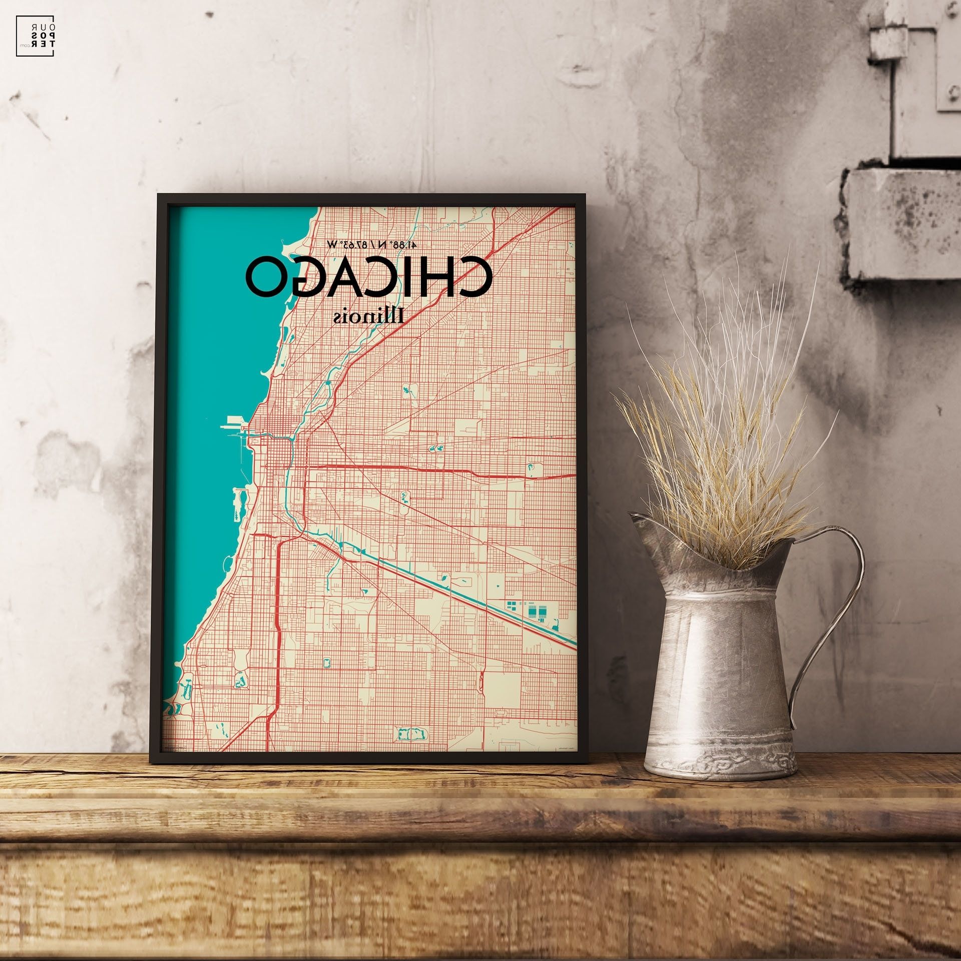 Chicago Map Wall Art Intended For 2017 Ourposter 'chicago City Map' Graphic Art Print Poster In (View 13 of 20)