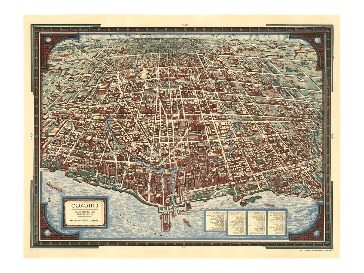 Chicago Map Wall Art Regarding Widely Used Panoramic Map Of Chicago – Old Maps And Prints – Vintage Wall Decor (View 4 of 20)