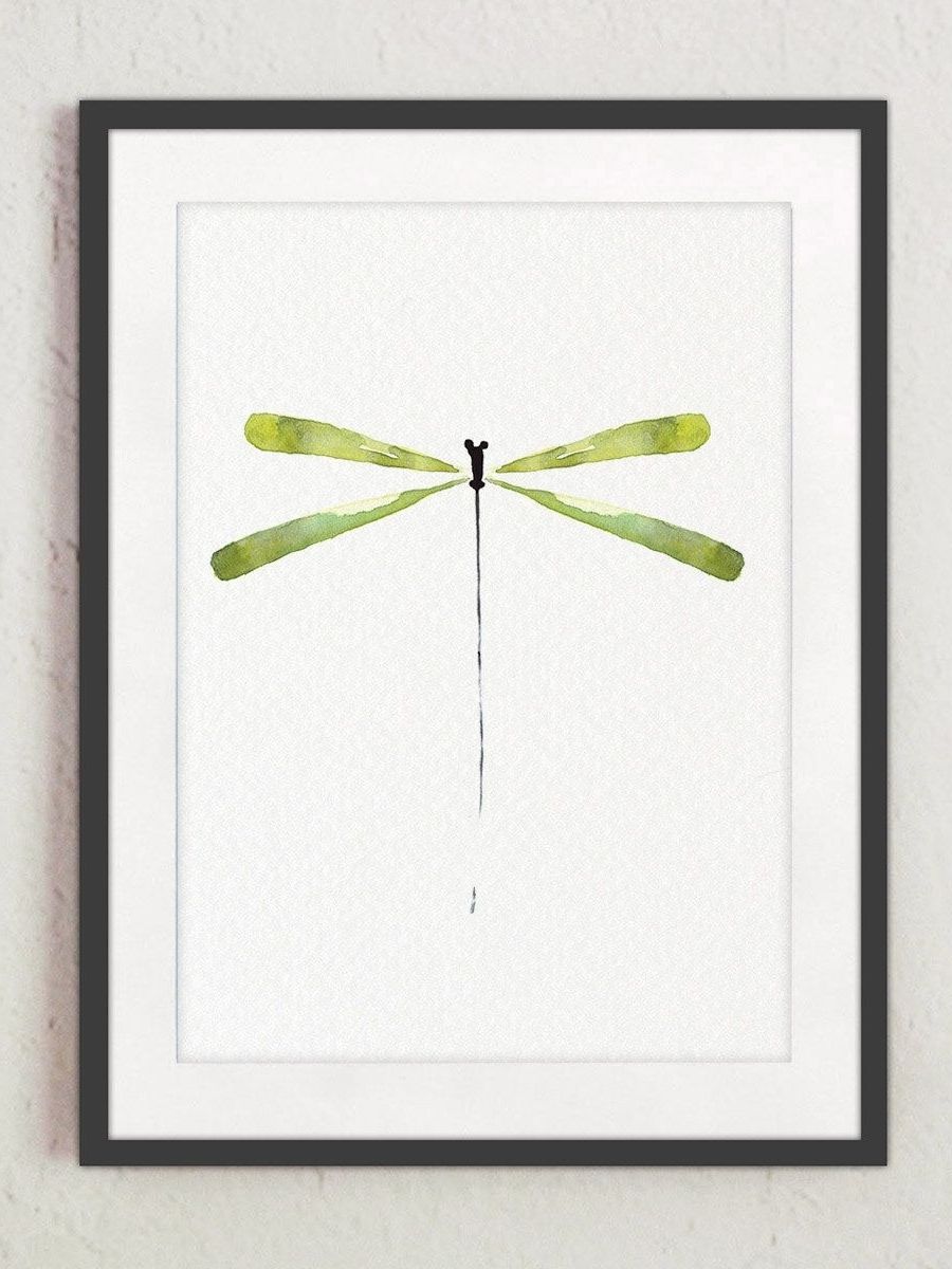 Famous Green Dragonfly Minimalist Art Print, Peridot Watercolor Silhouette Intended For Dragonfly Painting Wall Art (View 5 of 20)