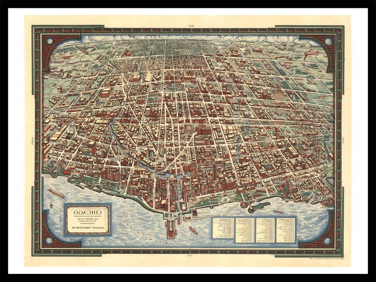 Famous Panoramic Map Of Chicago – Old Maps And Prints – Vintage Wall Decor Throughout Chicago Map Wall Art (View 18 of 20)