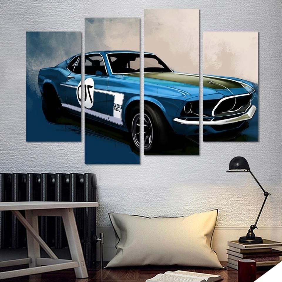 Favorite 4 Pcs Blue Sports Car Wall Art Painting Home Decoration Living Room Pertaining To Car Canvas Wall Art (View 1 of 20)