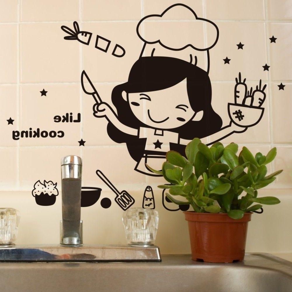 Favorite Happy Kitchen Girl Like Cooking Wall Sticker Cute Wall Art Home For Wall Sticker Art (View 8 of 15)