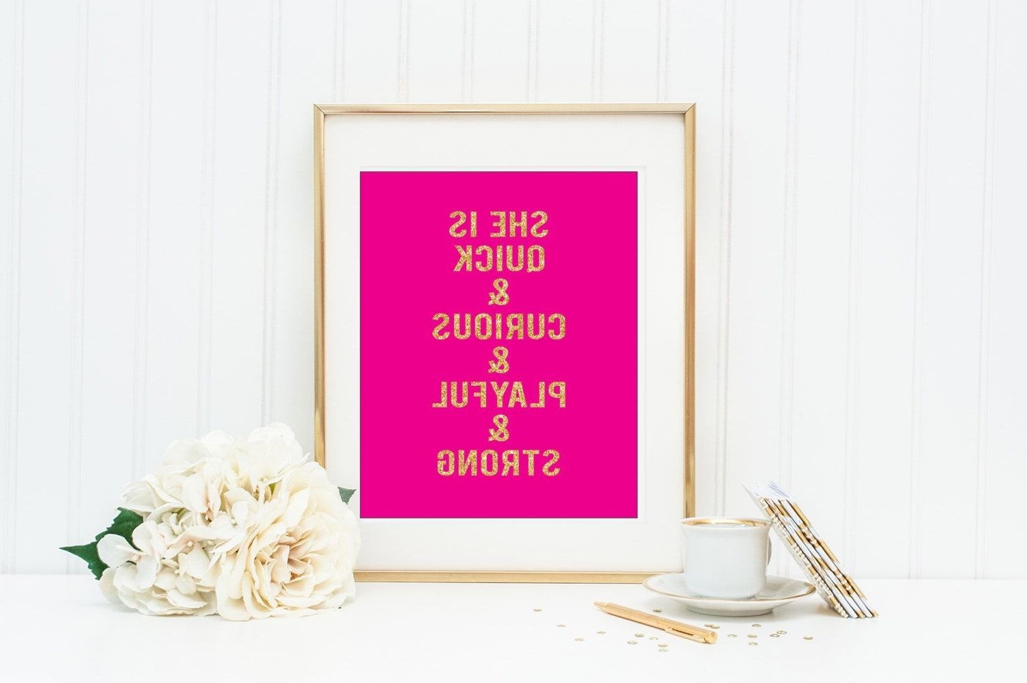 Kate Spade Wall Art For Newest She Is Quick And Curious Kate Spade Quote Pink And Gold Wall Art (View 4 of 20)