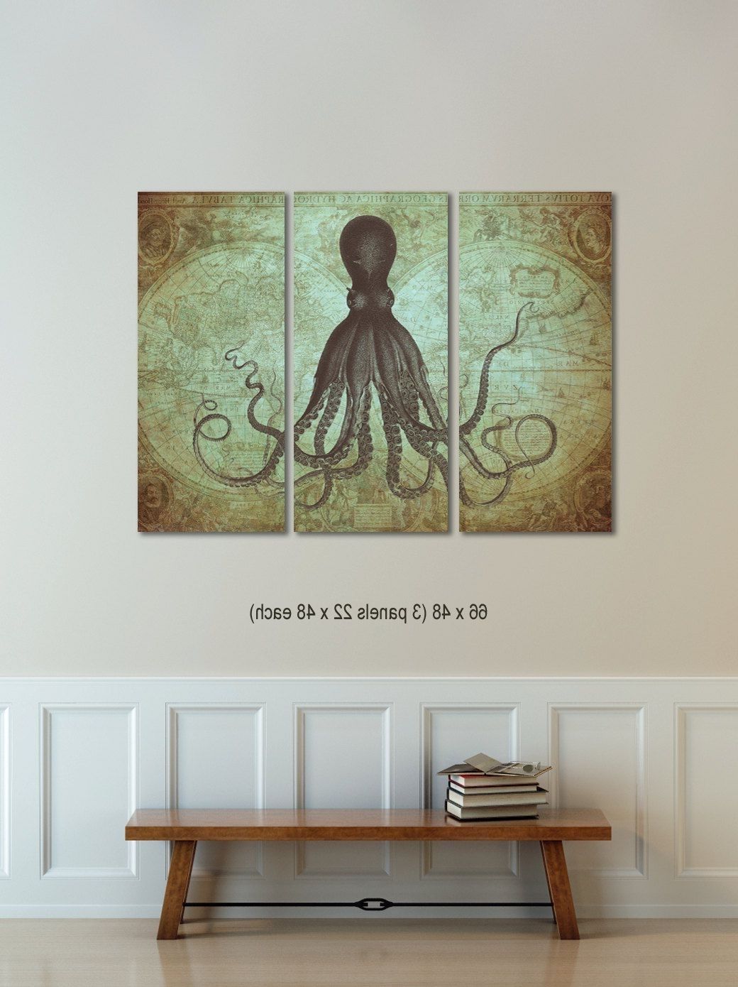 Latest Map Wall Art Prints Intended For Octopus Triptych, Vintage World Map Canvas, Octopus On Map Print (View 6 of 20)